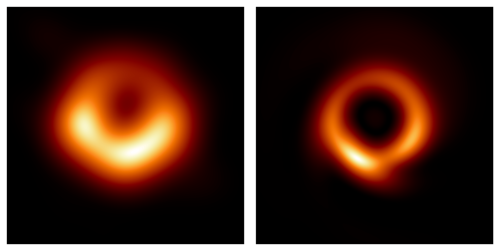 Une comparaison côte à côte de l'image du trou noir M87* avant (à gauche) et après (à droite) d'être accentuée par l'algorithme PRIMO.