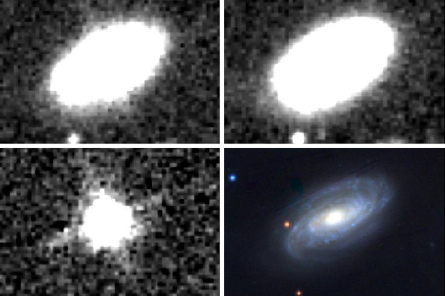 Quatre images d'une tache de lumière brillante qui s'est avérée être un trou noir mangeant une étoile dans une galaxie lointaine