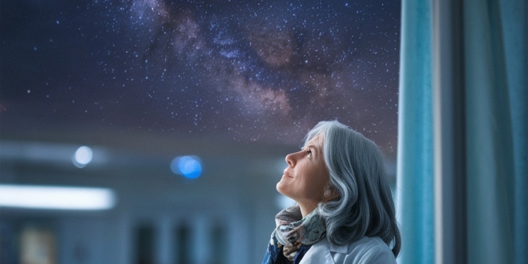 A photo of a starry night sky viewed through a hospital window. There's a woman with silver hair and a scarf standing near the window. She is wearing a white coat and a scarf around her neck. She is looking upwards, towards the sky. The background is blurred, showing the hospital interior. The overall image has a soft, ethereal quality.