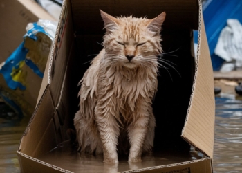 A soaked, skeletal tabby in a collapsed box.