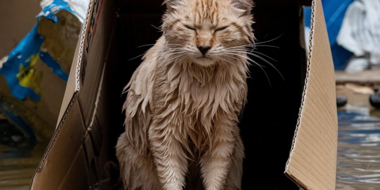 A soaked, skeletal tabby in a collapsed box.