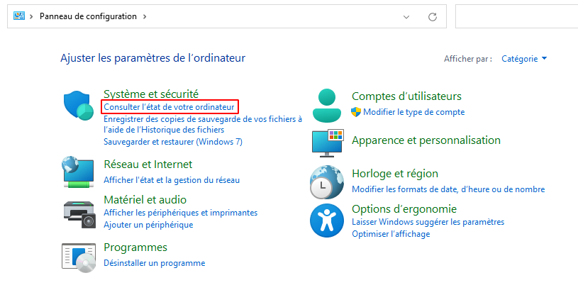 Lien vers le moniteur de fiabilité dans le panneau de configuration
