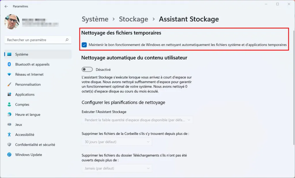 Assistant Stockage Win 11 - fichiers temporaires