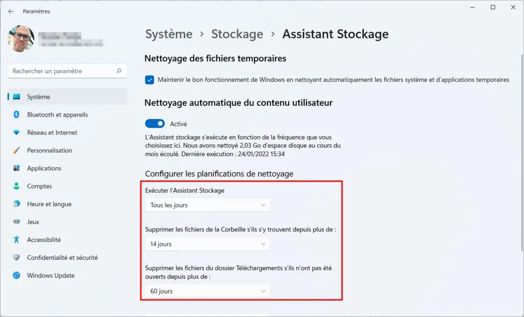 Assistant Stockage Win 11 - paramètres par défaut