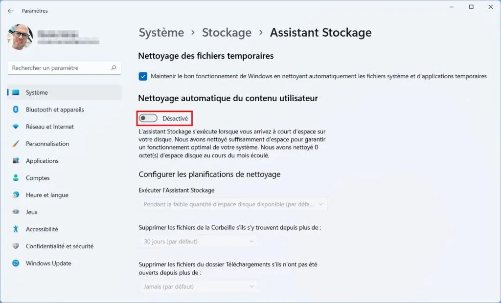 Assistant Stockage Win 11 - activer
