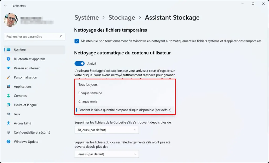 Assistant Stockage Win 11 - périodicité exécution