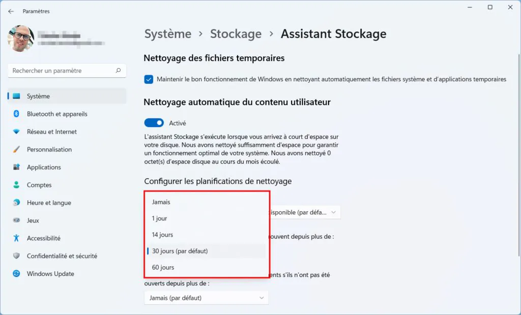 Assistant Stockage Win 11 - périodicité corbeille