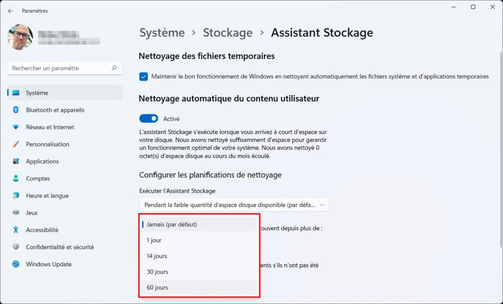 Assistant Stockage Win 11 - périodicité téléchargements