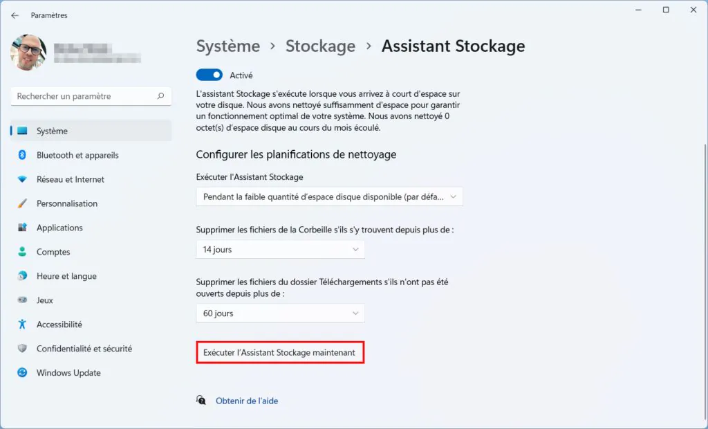 Assistant Stockage Win 11 - effectuer assistant maintenant