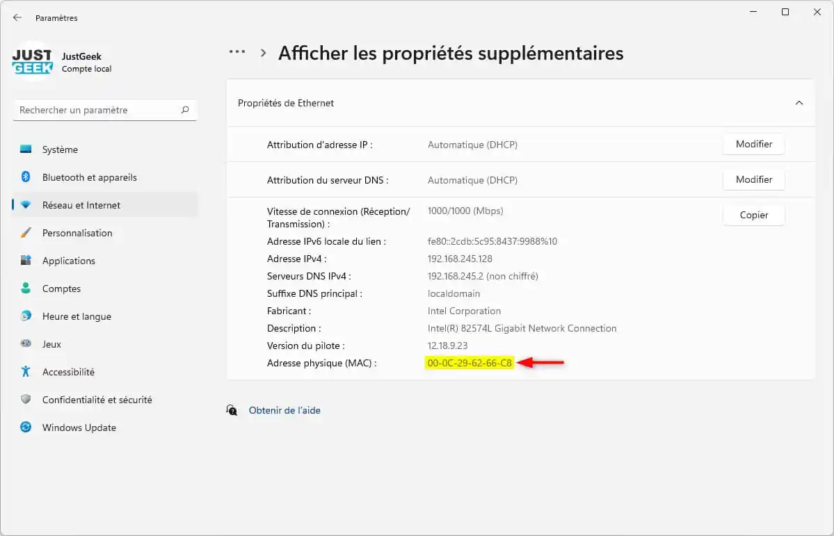 Adresse MAC sous Windows 11