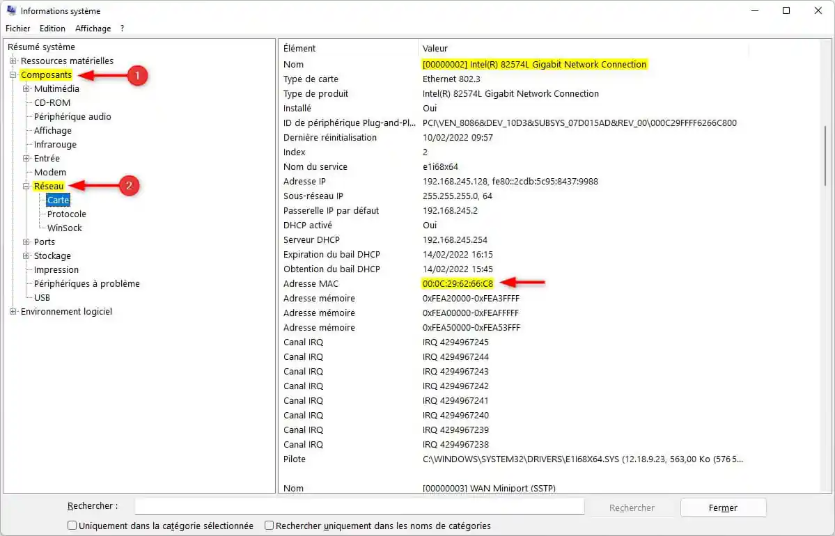 Connaître l'adresse MAC de sa carte réseau via Informations système