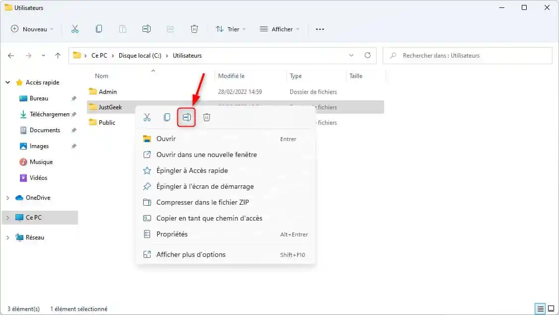 Modifier le nom du dossier de profil utilisateur dans Windows 11