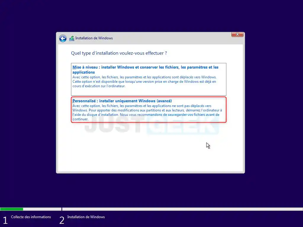 Option d'installation personnalisée de Windows 11