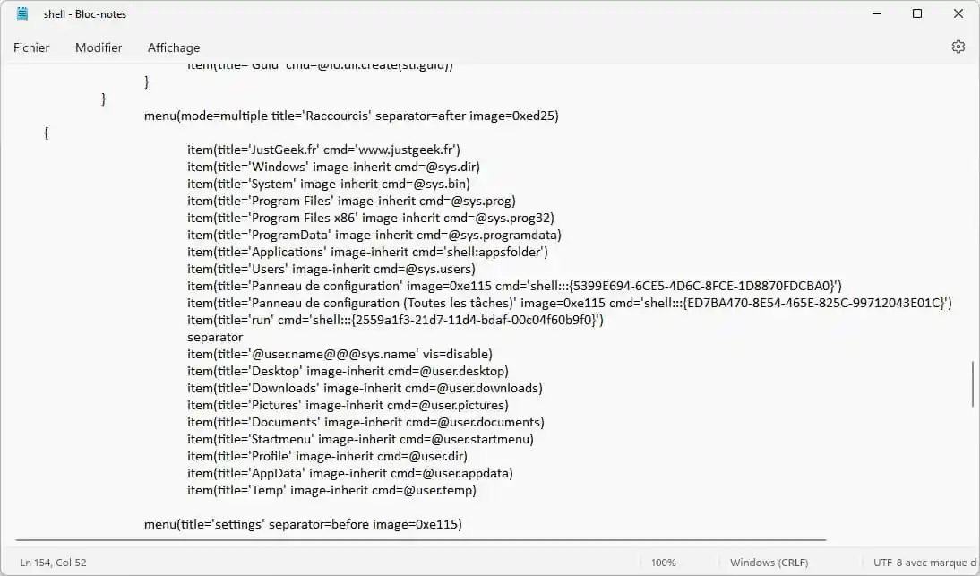 Fichier de configuration du shell Nilesoft