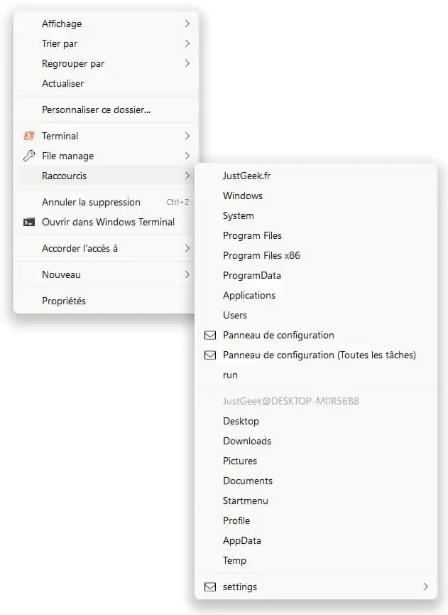 Exemple de menu contextuel du shell