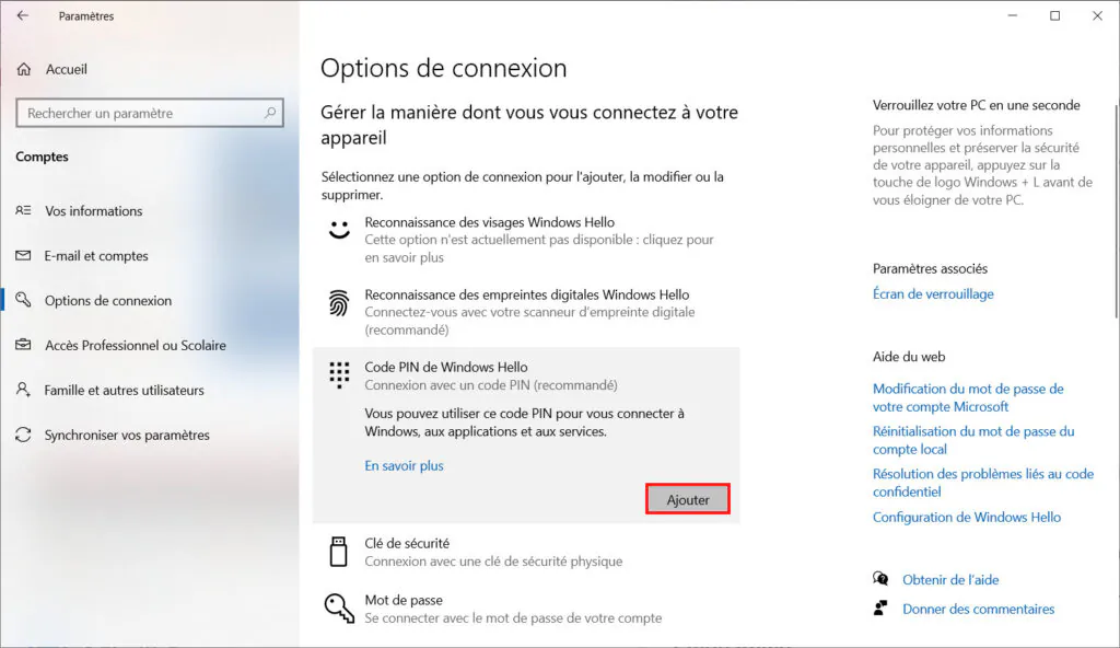 Windows Hello - Ajouter un code PIN