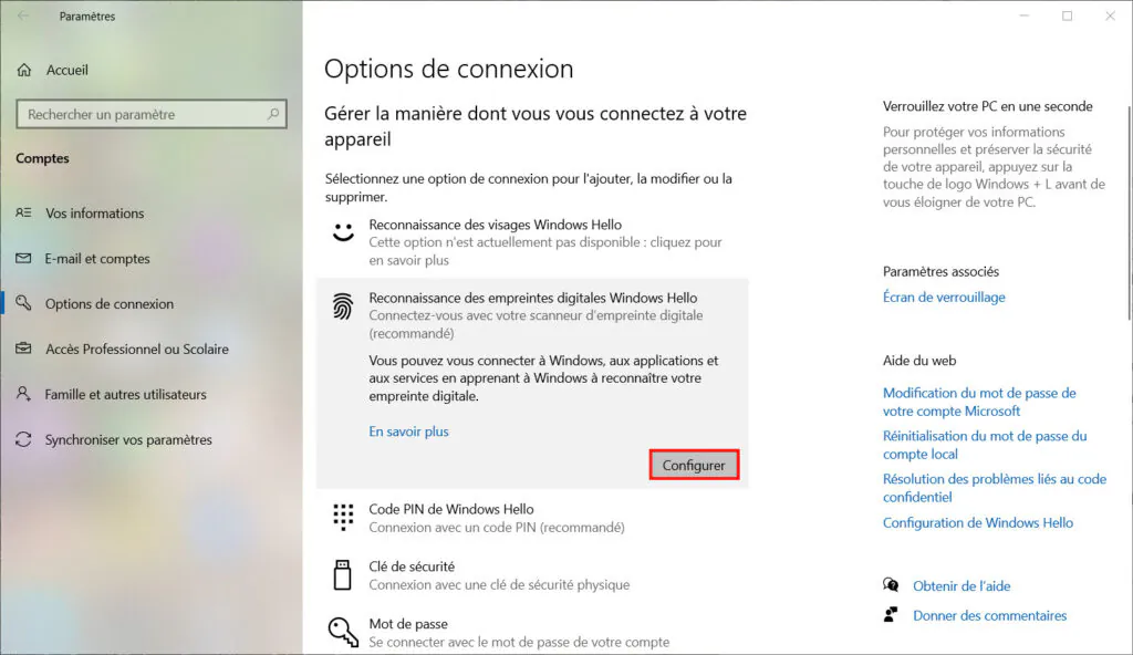 Windows Hello - configurer l'empreinte digitale