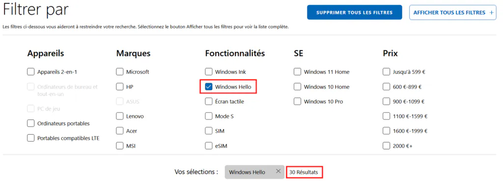 Windows Hello - Liste compatible Microsoft Windows Hello