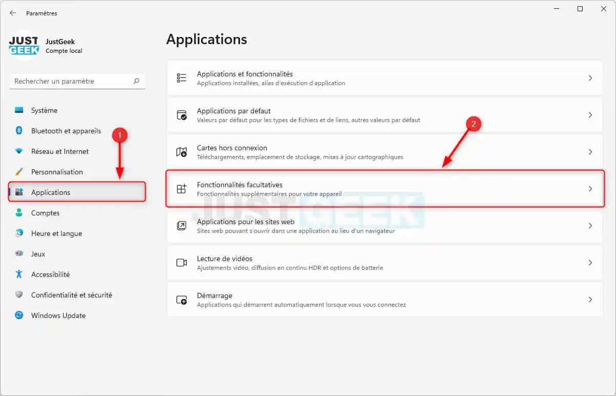 Fonctionnalités facultatives de Windows 11