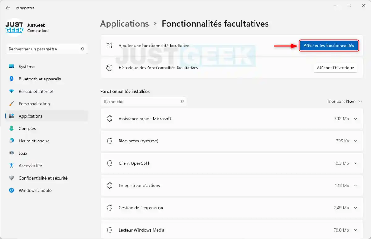 Afficher les fonctionnalités facultatives de Windows 11
