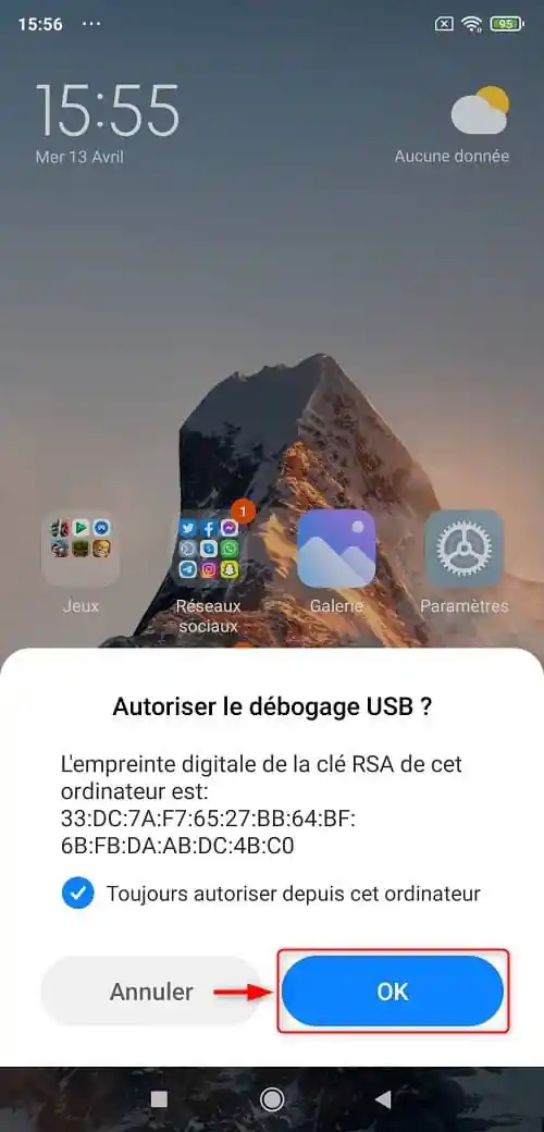 Permettre le débogage USB