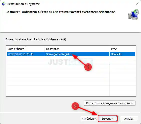 Restaurer le Registre Windows 11 à partir du point de restauration du système