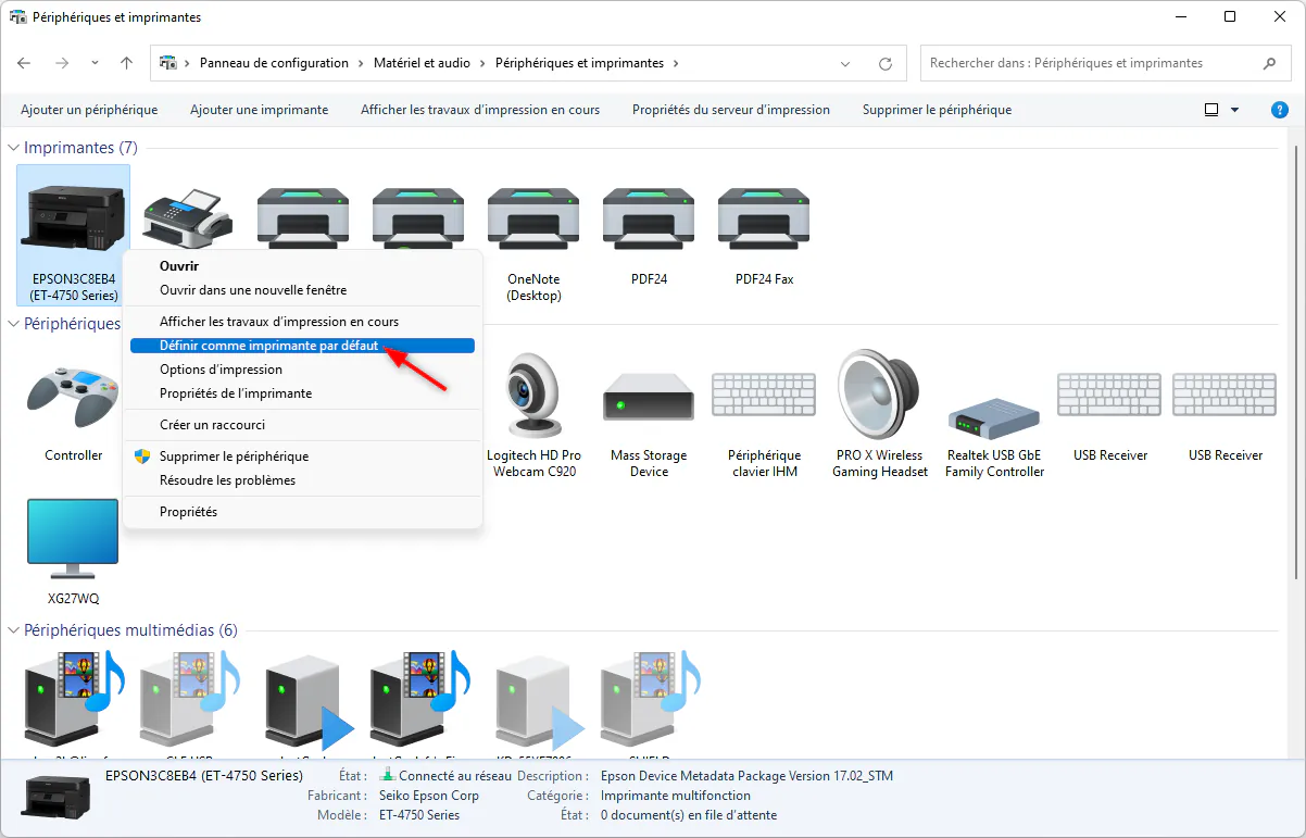 Définir l’imprimante par défaut via le Panneau de configuration