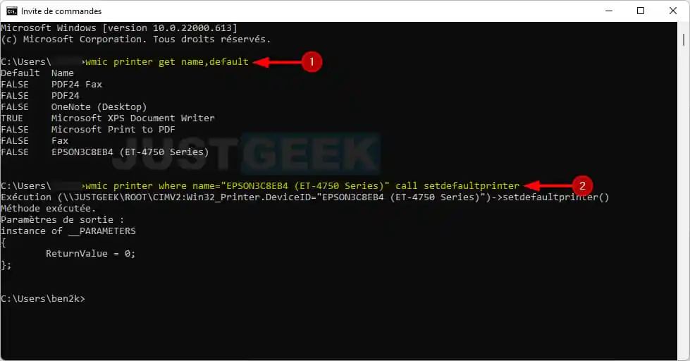 Définir l’imprimante par défaut via l’invite de commandes