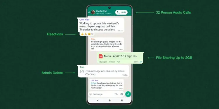 augmenter la limite de taille du fichier WhatsApp administrateur supprimer les appels audio de groupe mettre à jour l'image WhatsApp