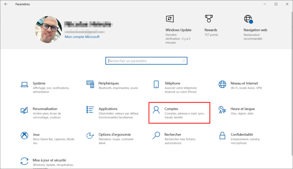 Windows Hello - Comptes de paramètres