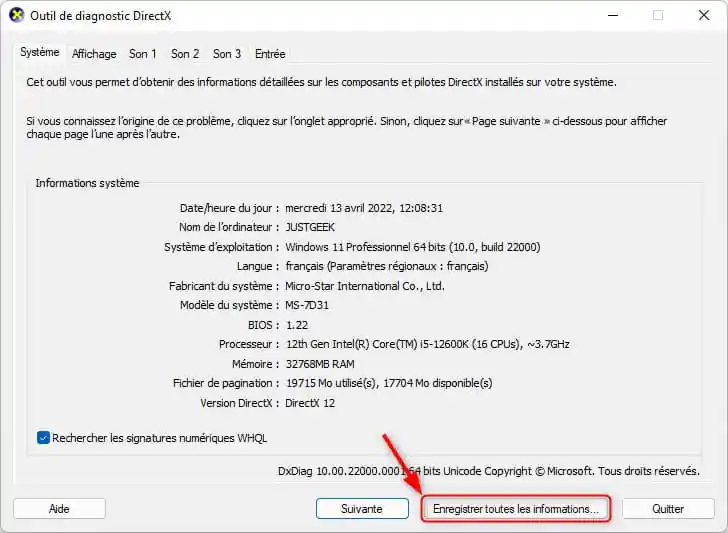 Outil de diagnostic DirectX