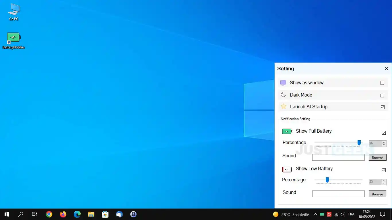 Paramètre de l’utilitaire de notification de batterie