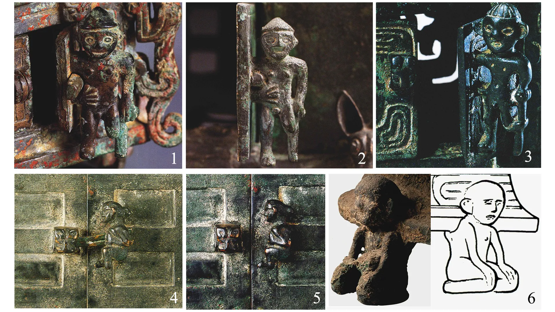 Les écrits historiques et l'art attestent du châtiment yue dans la Chine ancienne, notamment ces bronzes du premier millénaire avant J.-C. Il y a 6 bronzes présentés ici, chacun ressemblant à un petit homme coiffé d'un chapeau triangulaire.