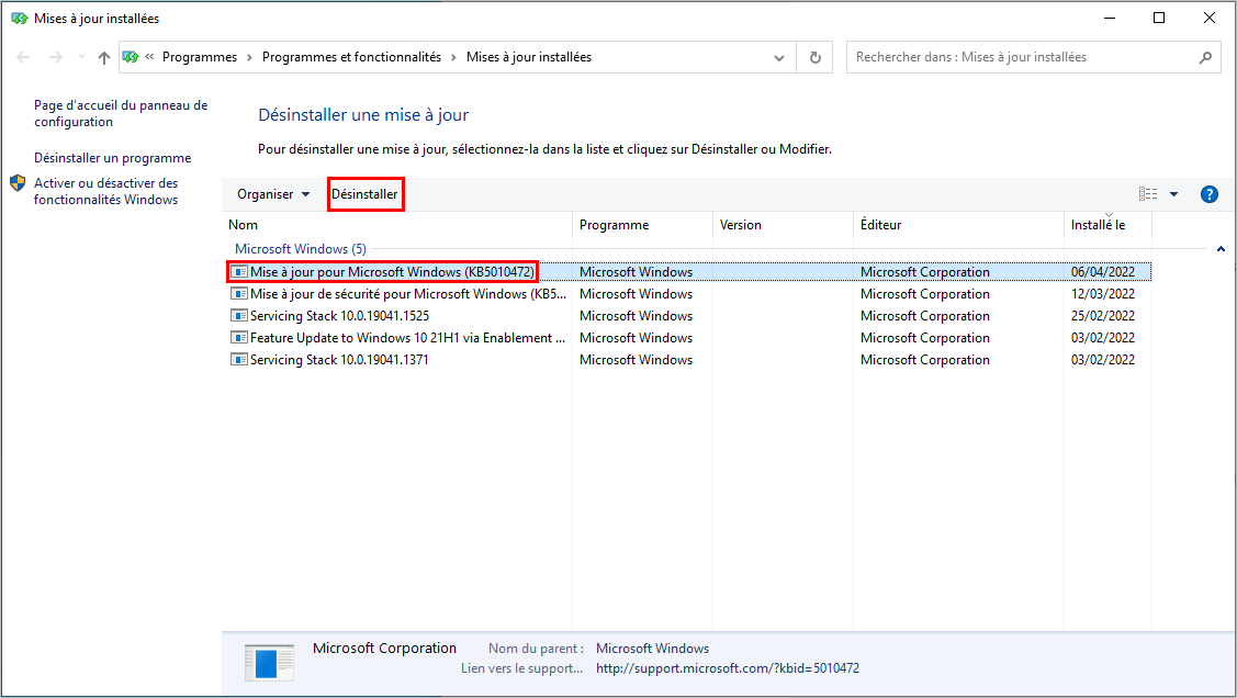 Désinstaller une mise à jour (cumulative) de qualité sur Windows 10
