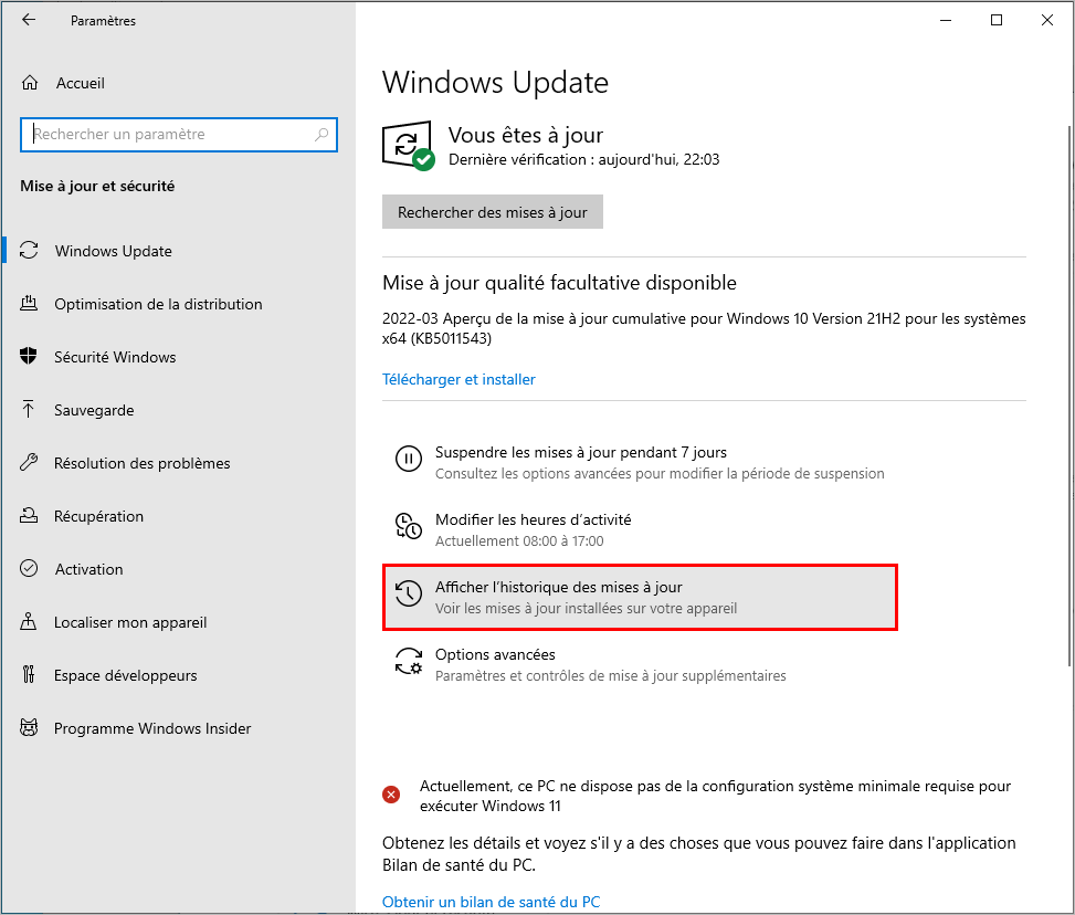 Désinstaller une mise à jour (cumulative) de qualité sur Windows 10