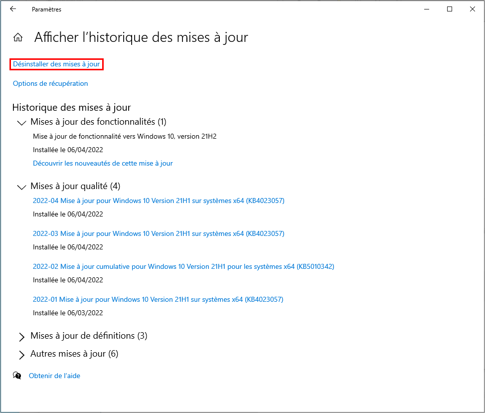 Désinstaller une mise à jour (cumulative) de qualité sur Windows 10