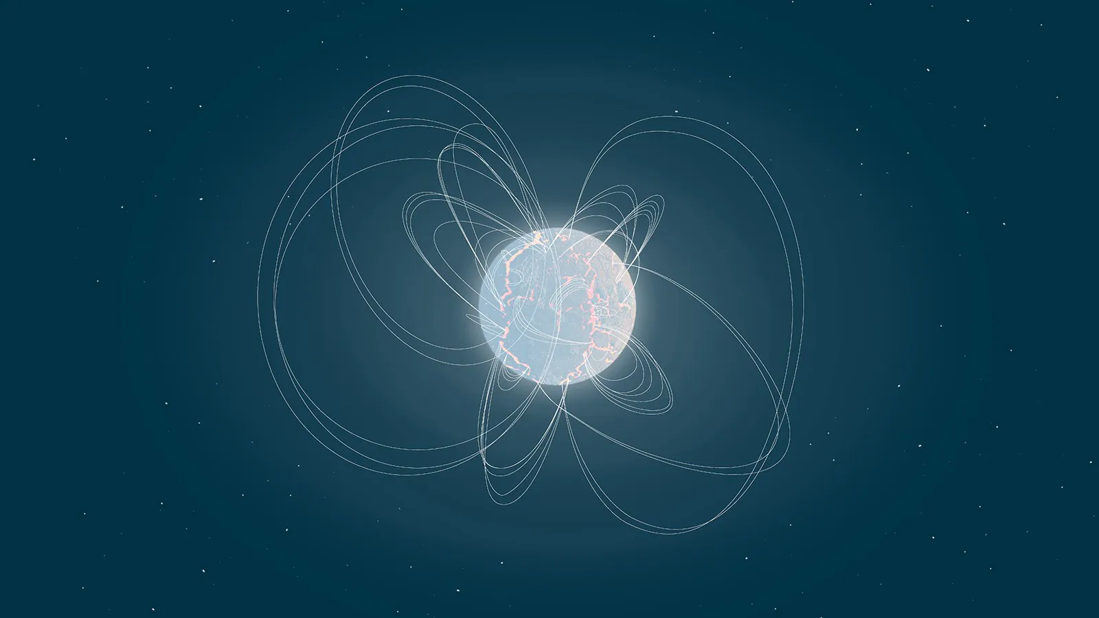 Cette illustration montre des lignes de champ magnétique dépassant d'une étoile à neutrons hautement magnétique.