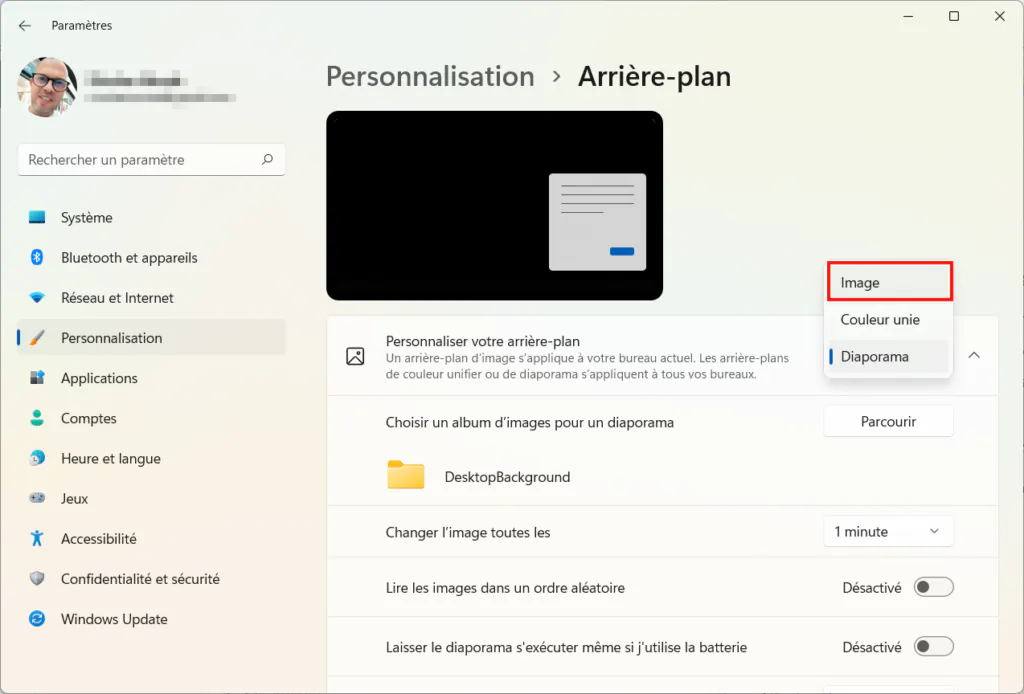 Windows 11 Personnaliser thème - sélectionner Image