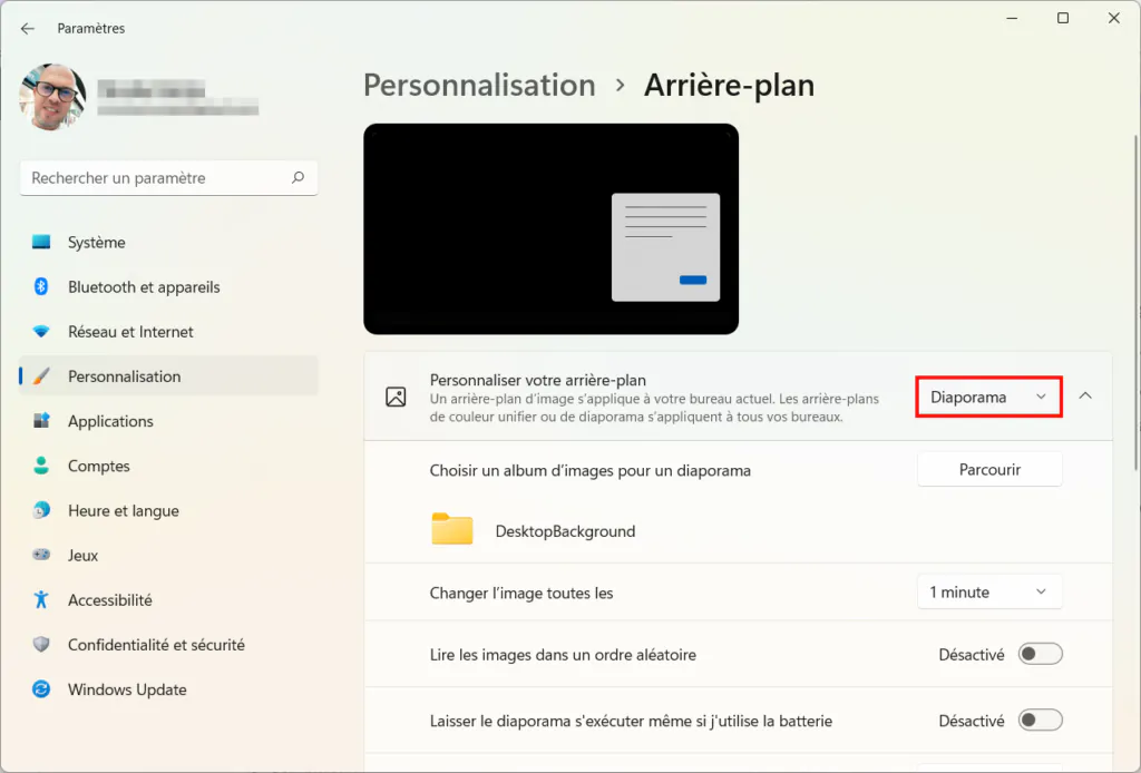 Windows 11 Personnaliser thème - Diaporama