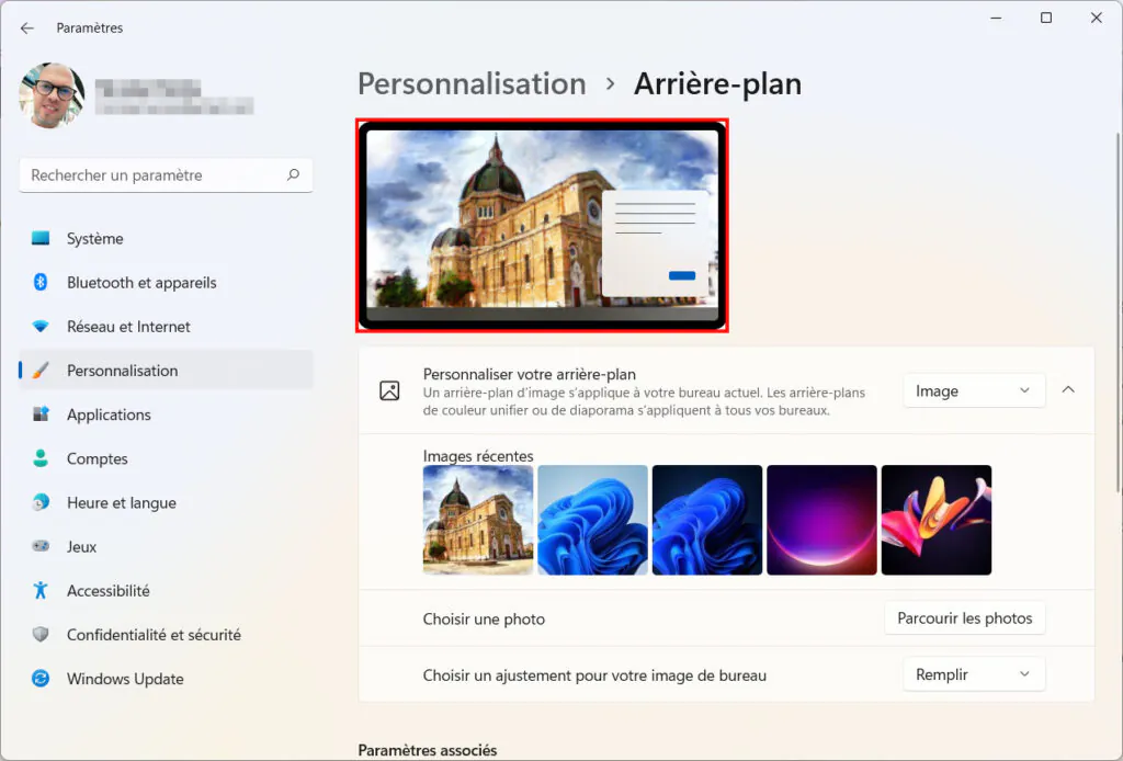 Windows 11 Personnaliser thème - Aperçu arrière-plan