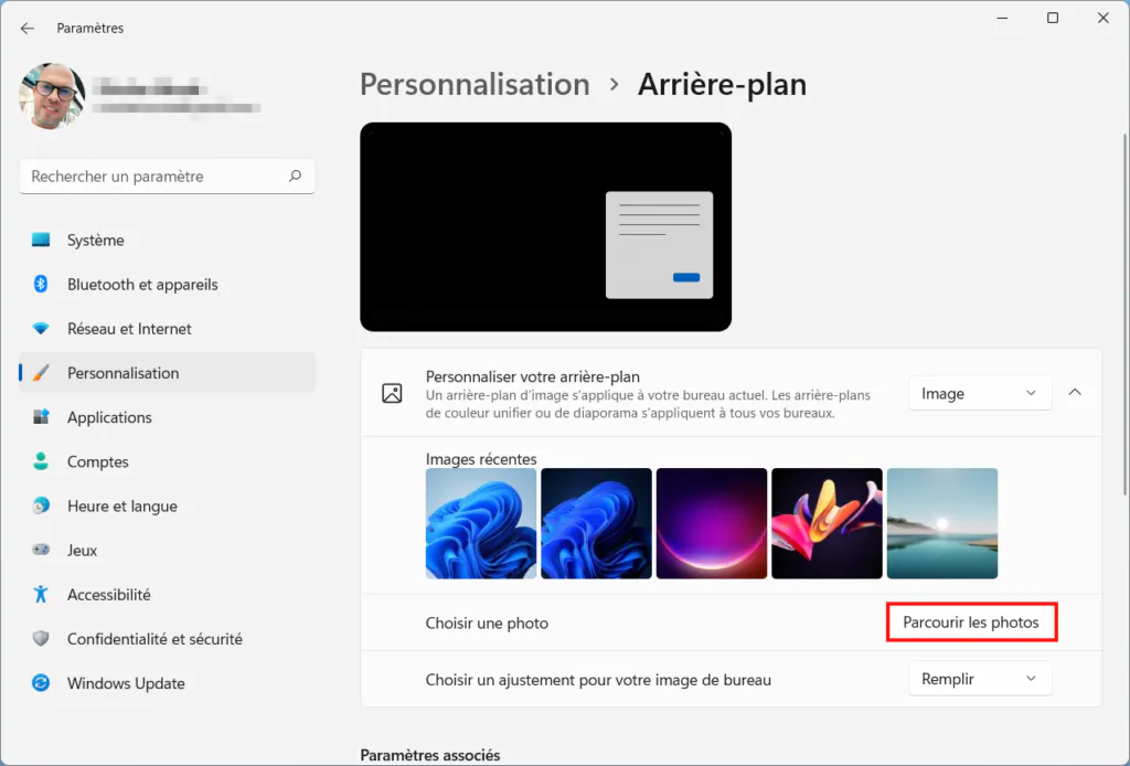 Windows 11 Personnaliser thème - Parcourir les photos