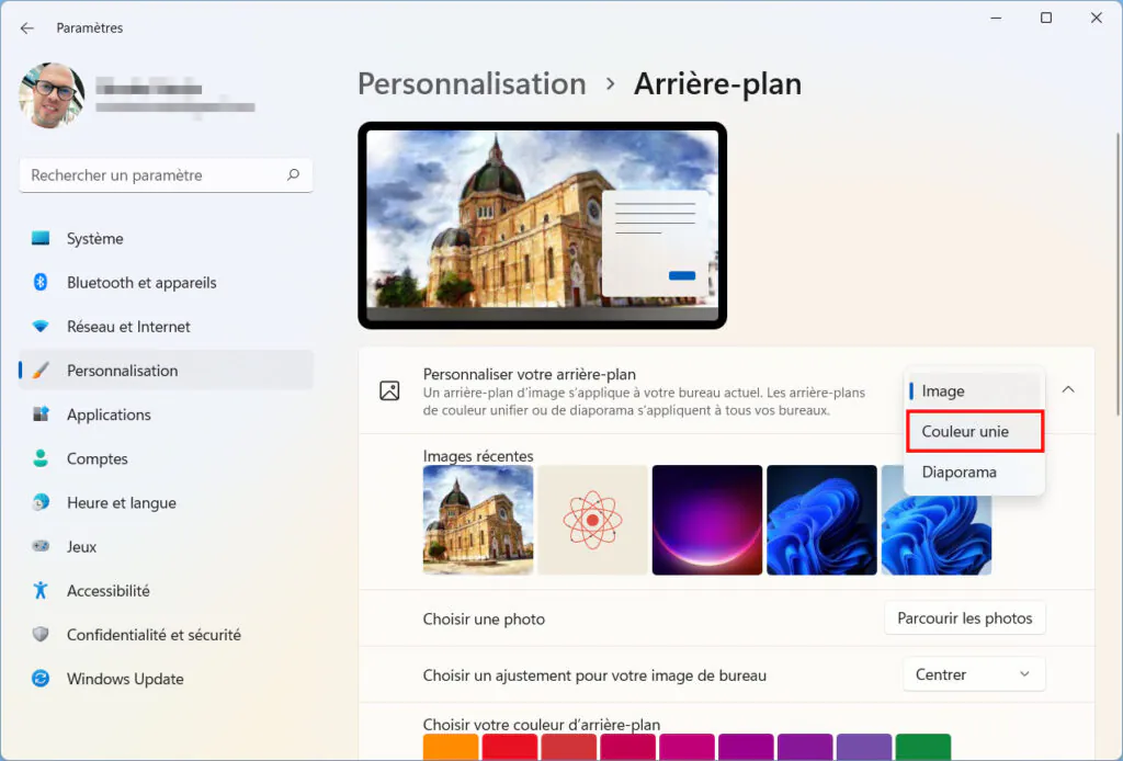 Windows 11 Personnaliser thème - couleur unie