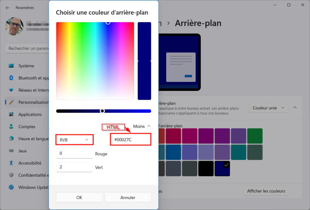 Windows 11 Personnaliser thème - HTML RVB TSV
