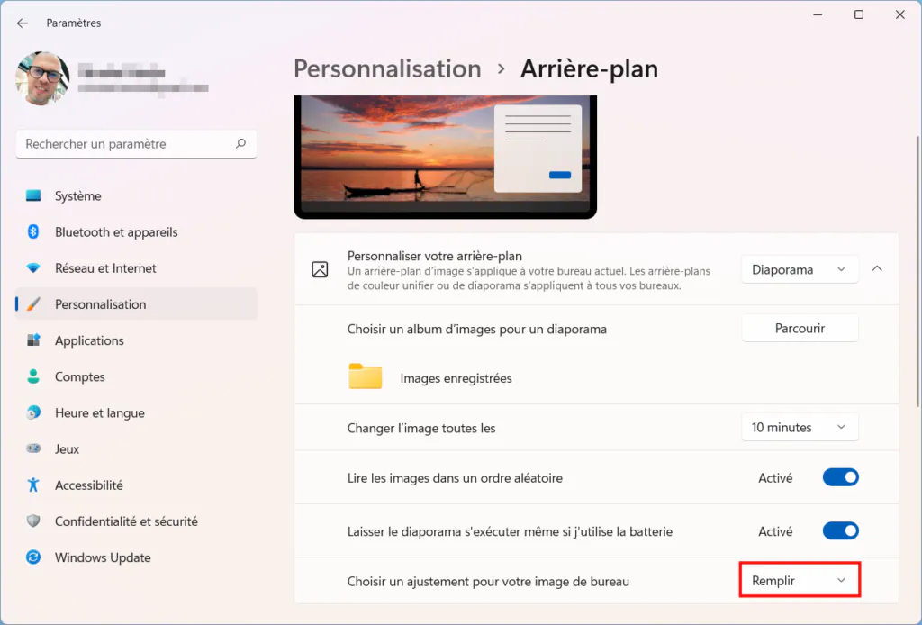 Windows 11 Personnaliser thème - Ajustement des images du diaporama