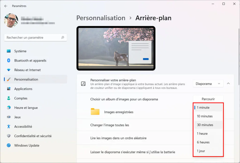 Windows 11 Personnaliser thème - Durées du minuteur diaporama