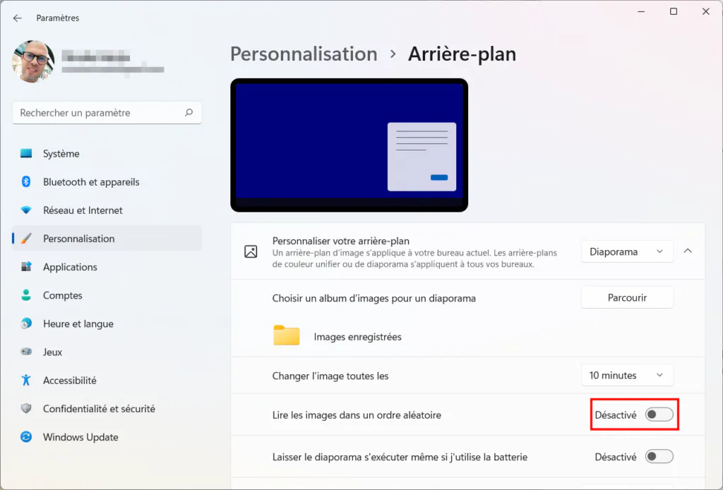 Windows 11 Personnaliser thème - Lecture aléatoire diaporama