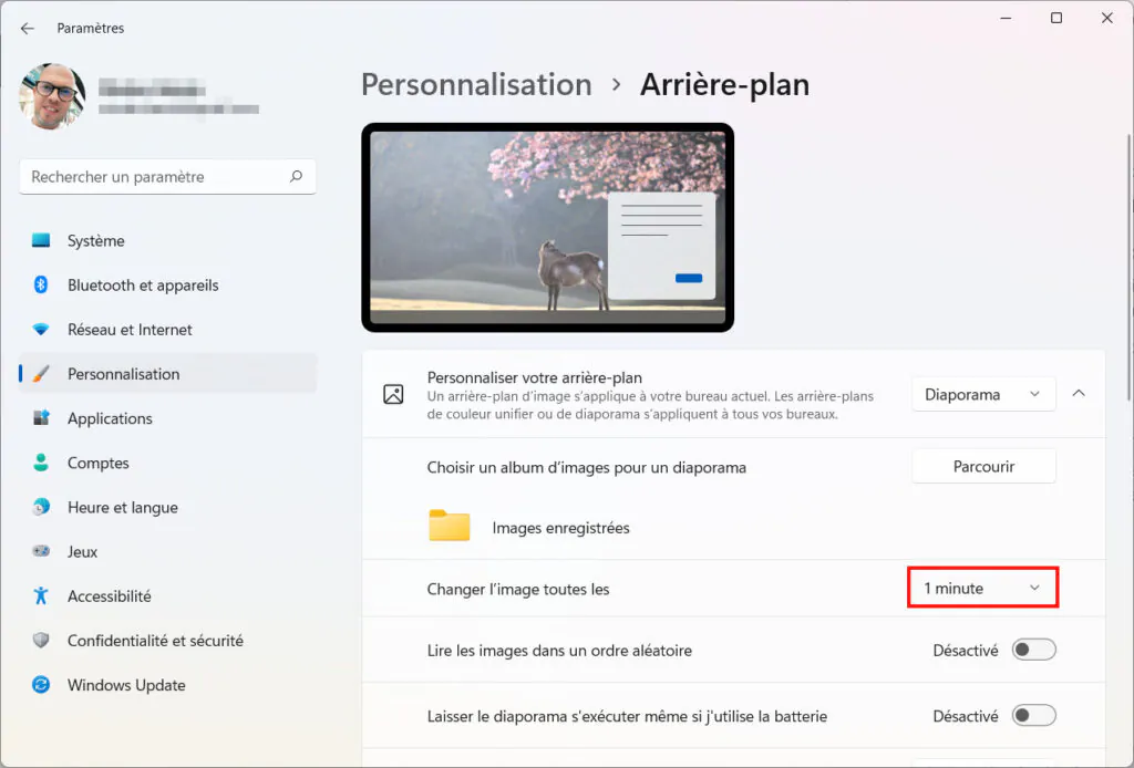 Windows 11 Personnaliser thème - Changer l'image toutes les