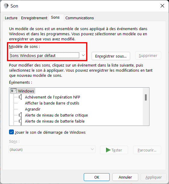 Windows 11 Personnaliser thème - Modèle de son par défaut