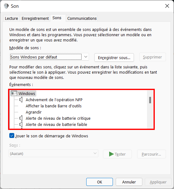Windows 11 Personnaliser thème - Un son par évènement
