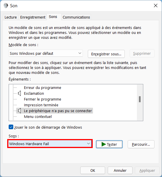 Windows 11 Personnaliser thème - Changer le son d'un évènement